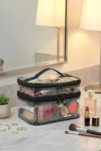 Kadın Makyaj Çantası Iki Geniş Bölmeli Askılı Katlanabilir Bakım Seyahat Organizer Makyaj Çantası-Şeffaf - 4