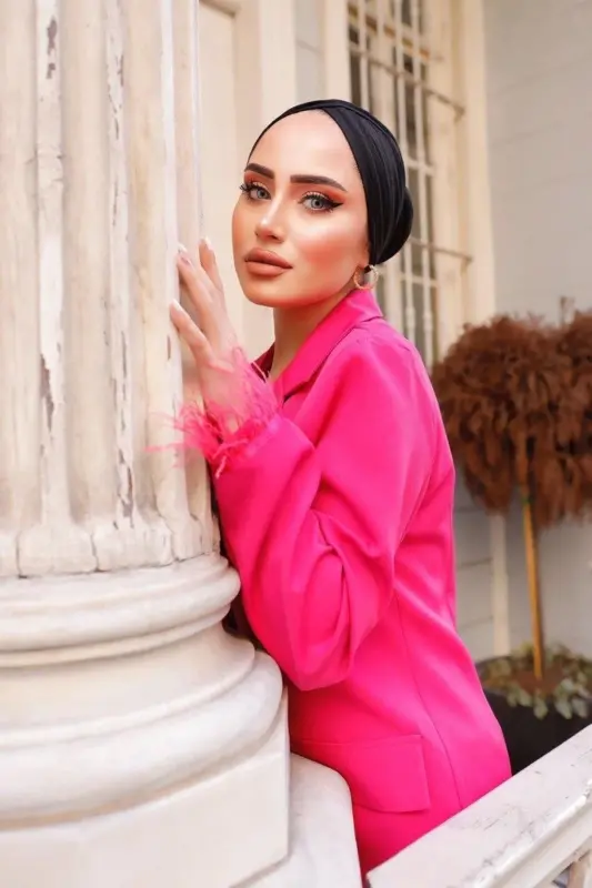 Kadın Ceket Ve Pantolon Pembe Ofis Stil Takım Elbise-PUDRA - 2