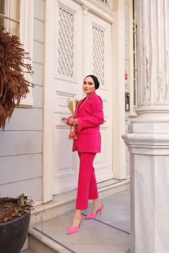 Kadın Ceket Ve Pantolon Pembe Ofis Stil Takım Elbise-PUDRA - 5