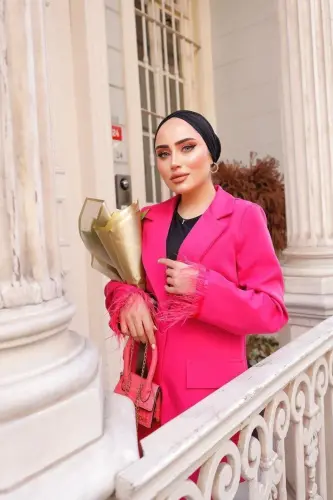 Kadın Ceket Ve Pantolon Pembe Ofis Stil Takım Elbise-PUDRA - 6