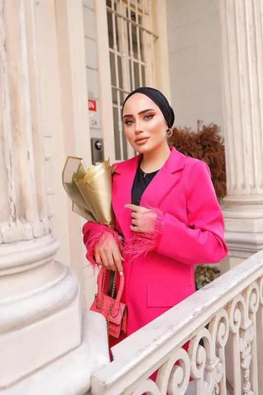 Kadın Ceket Ve Pantolon Pembe Ofis Stil Takım Elbise-PUDRA - 6