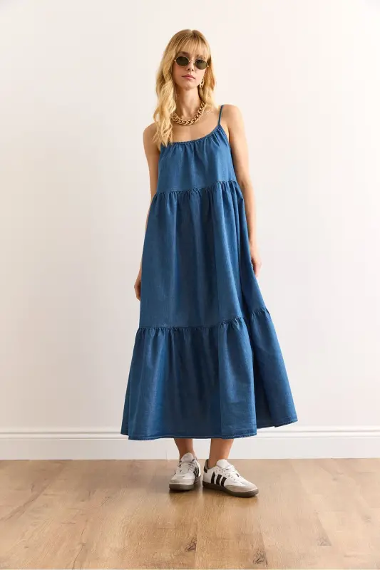 Kadın Mavi Askısı Ayarlanabilir Maksi Denim Elbise ELB-19002417 - 3