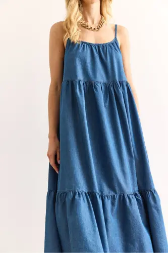 Kadın Mavi Askısı Ayarlanabilir Maksi Denim Elbise ELB-19002417 - 5