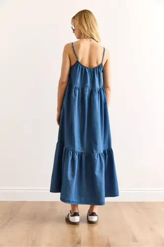 Kadın Mavi Askısı Ayarlanabilir Maksi Denim Elbise ELB-19002417 - 6