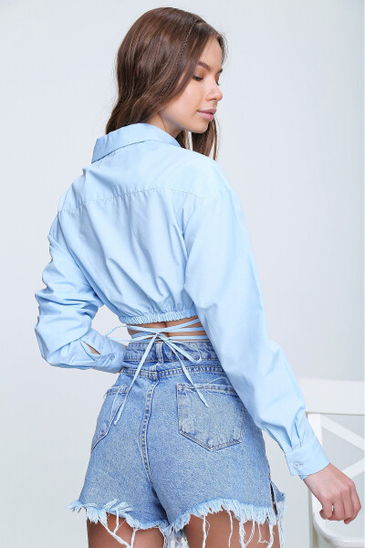 Kadın Mavi Bağcıklı Crop Poplin Gömlek ALC-X6039-MAVİ - 6