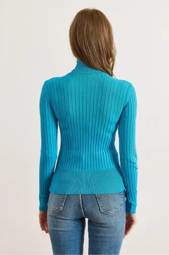 Kadın Mavi Balıkçı Yaka Kalın Fitili Triko Kazak KZK-19000872-Mavi - 3