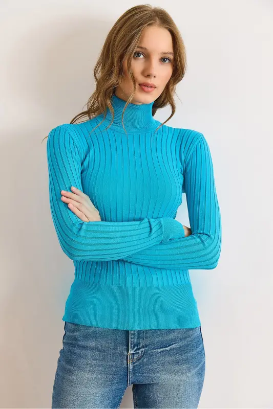 Kadın Mavi Balıkçı Yaka Kalın Fitili Triko Kazak KZK-19000872-Mavi - 1