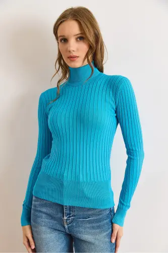 Kadın Mavi Balıkçı Yaka Kalın Fitili Triko Kazak KZK-19000872-Mavi - 5