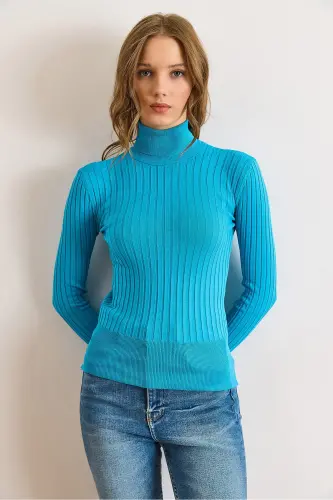 Kadın Mavi Balıkçı Yaka Kalın Fitili Triko Kazak KZK-19000872-Mavi - OLALOOK (1)