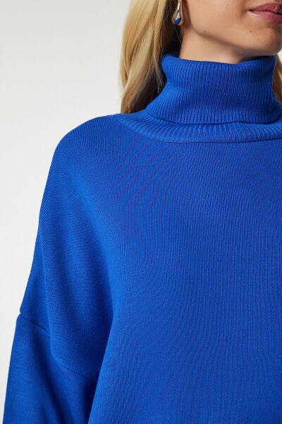 Kadın Mavi Balıkçı Yaka Oversize Triko Kazak BV00084-Mavi - 3