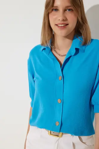 Kadın Mavi Balon Kollu Keten Ayrobin Gömlek DD01321-Mavi - HAPPINESS İSTANBUL (1)