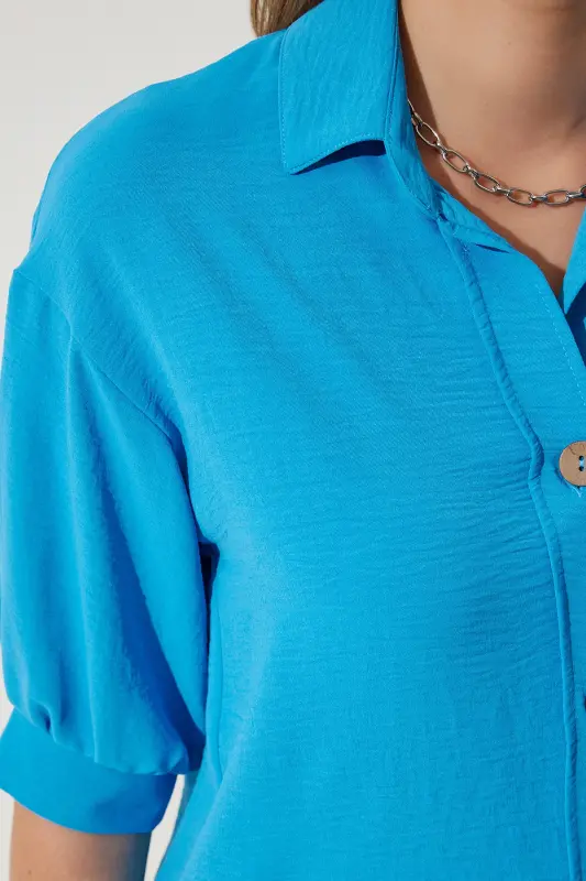 Kadın Mavi Balon Kollu Keten Ayrobin Gömlek DD01321-Mavi - 3