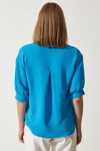 Kadın Mavi Balon Kollu Keten Ayrobin Gömlek DD01321-Mavi - 4