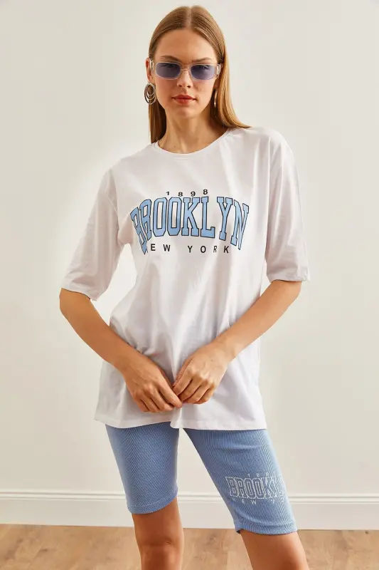 Kadın Mavi Baskılı Tayt Tişört Takım TKM-19000301-Mavi - 4