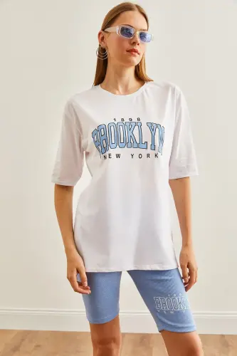 Kadın Mavi Baskılı Tayt Tişört Takım TKM-19000301-Mavi - 6