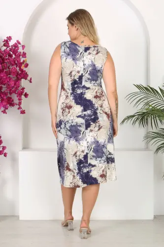Kadın Mavi Bej Batik Desenli Büyük Beden Askılı Elbise - Mavi Bej - 6