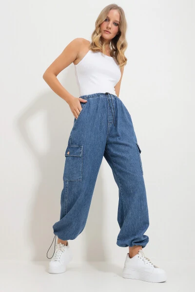 Kadın Mavi Beli Ve Paçası Lastikli Cepli Kargo Jogger Pantolon Alc-X11759 - TREND ALAÇATI STILI
