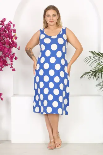 Kadın Mavi Beyaz Puantiye Desenli Büyük Beden Askılı Elbise-Mavi Beyaz Puantiye - 4