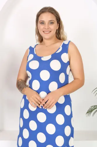 Kadın Mavi Beyaz Puantiye Desenli Büyük Beden Askılı Elbise-Mavi Beyaz Puantiye - 5