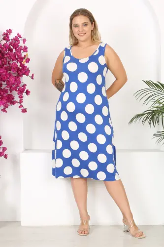 Kadın Mavi Beyaz Puantiye Desenli Büyük Beden Askılı Elbise-Mavi Beyaz Puantiye - 2