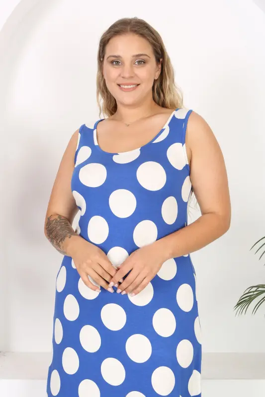 Kadın Mavi Beyaz Puantiye Desenli Büyük Beden Askılı Elbise-Mavi Beyaz Puantiye - 5