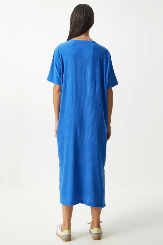 Kadın Mavi Bol Uzun Günlük Örme Elbise DZ00076-Mavi - 4