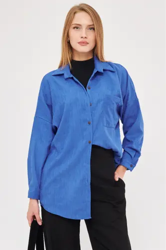 Kadın Mavi Cepli Oversize İnce Fitilli Kadife Gömlek ARM-24K001076-Mavi - 1