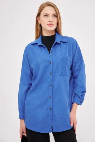 Kadın Mavi Cepli Oversize İnce Fitilli Kadife Gömlek ARM-24K001076-Mavi - 2