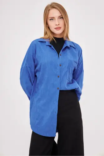 Kadın Mavi Cepli Oversize İnce Fitilli Kadife Gömlek ARM-24K001076-Mavi - 3