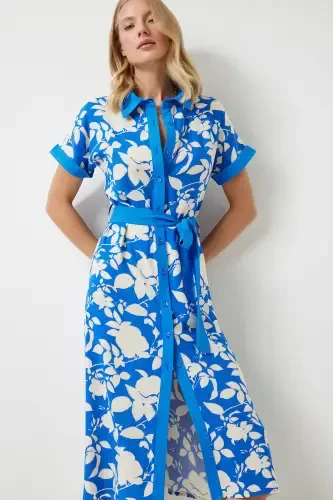 Kadın Mavi Çiçekli Yazlık İnce Viskon Elbise DD01311-Mavi - Modazone (1)