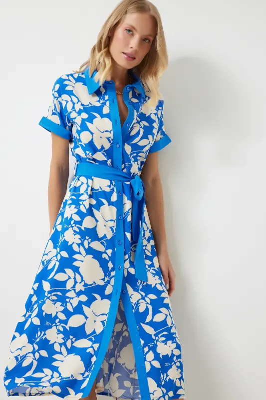 Kadın Mavi Çiçekli Yazlık İnce Viskon Elbise DD01311 - Mavi - 1