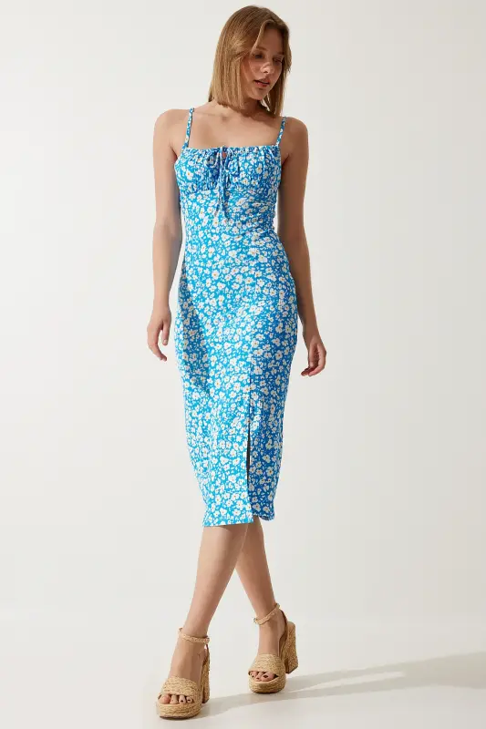 Kadın Mavi Çiçekli Yırtmaçlı Yazlık Örme Elbise CI00029 - Mavi - 3