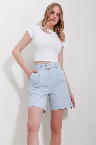 Mavi Çift Cepli Beli Kemerli Gabardin Şort ALC-X11501 - MAVİ - TREND ALAÇATI STILI (1)