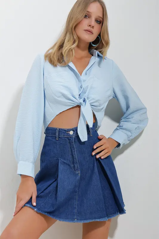 Kadın Mavi Çift Cepli Önden Bağlamalı Aerobin Crop Gömlek ALC-X11633-MAVİ - 4