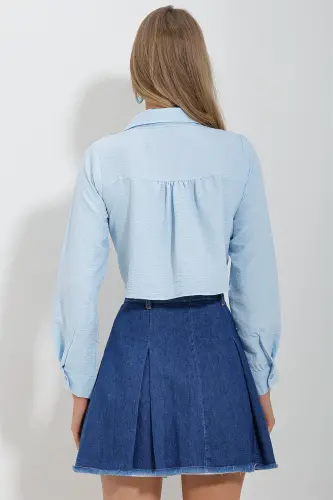 Kadın Mavi Çift Cepli Önden Bağlamalı Aerobin Crop Gömlek ALC-X11633-MAVİ - 5