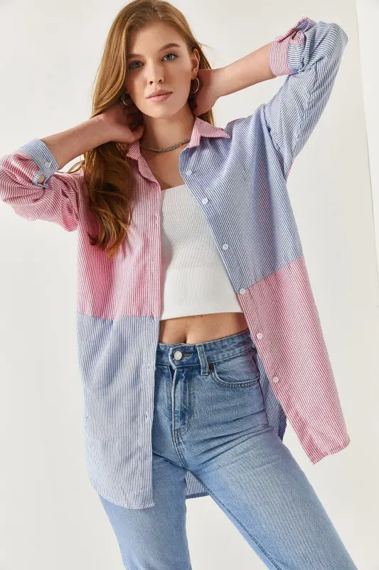 Kadın Mavi Çizgili İki Renkli Uzun Kol Salaş Gömlek ARM-21K001193-Mavi - 1