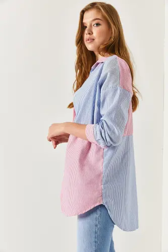 Kadın Mavi Çizgili İki Renkli Uzun Kol Salaş Gömlek ARM-21K001193-Mavi - 2