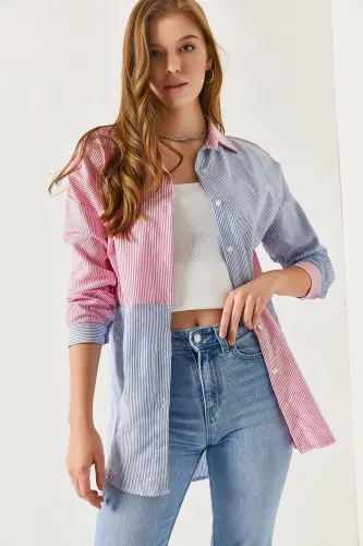 Kadın Mavi Çizgili İki Renkli Uzun Kol Salaş Gömlek ARM-21K001193-Mavi - 3