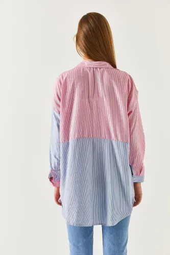 Kadın Mavi Çizgili İki Renkli Uzun Kol Salaş Gömlek ARM-21K001193-Mavi - 4