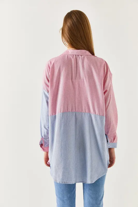 Kadın Mavi Çizgili İki Renkli Uzun Kol Salaş Gömlek ARM-21K001193-Mavi - 4
