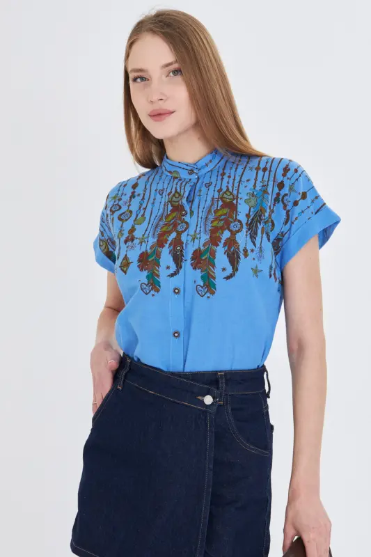 Kadın Mavi Hakim Yaka Kısa Kollu Gömlek ARM-25Y001040 - Mavi - 2