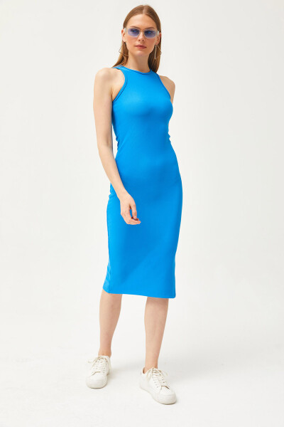 Kadın Mavi Halter Yaka Likralı İnce Fitilli Yırtmaçlı Ottoman Elbise ELB-19002081-Mavi 