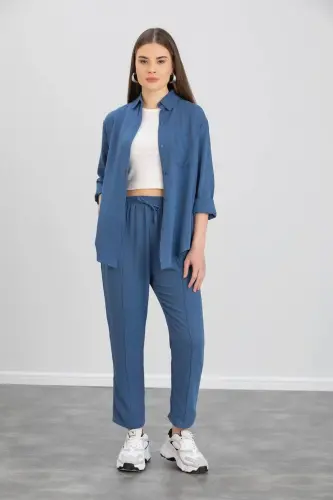 Kadın Mavi Ikili Keten Gömlek Pantolon Alt Üst Takım-mavi 