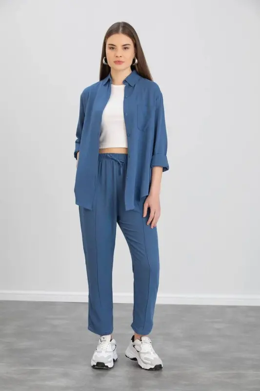 Kadın Mavi Ikili Keten Gömlek Pantolon Alt Üst Takım-mavi - 1
