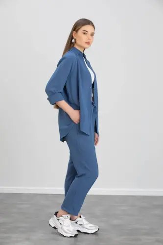 Kadın Mavi Ikili Keten Gömlek Pantolon Alt Üst Takım-mavi - ZF BUTİK (1)