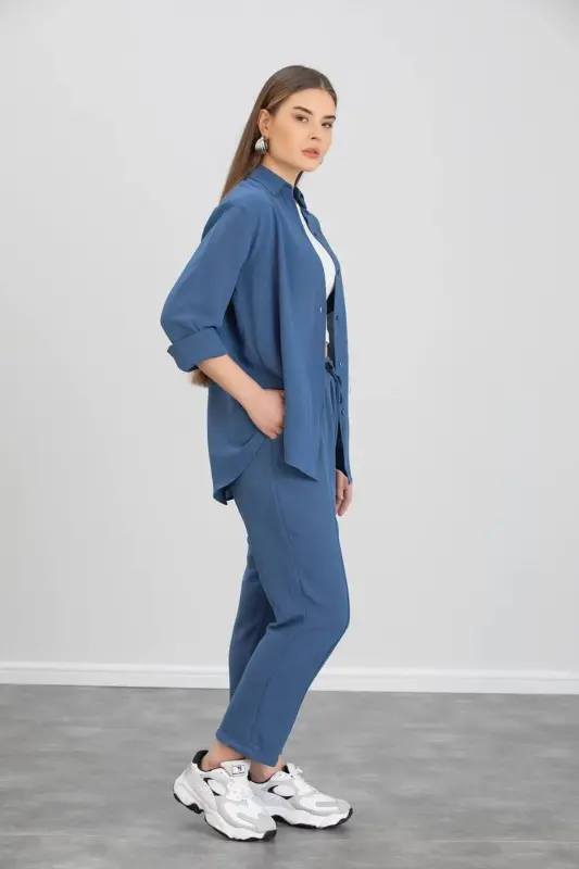 Kadın Mavi Ikili Keten Gömlek Pantolon Alt Üst Takım-mavi - 2