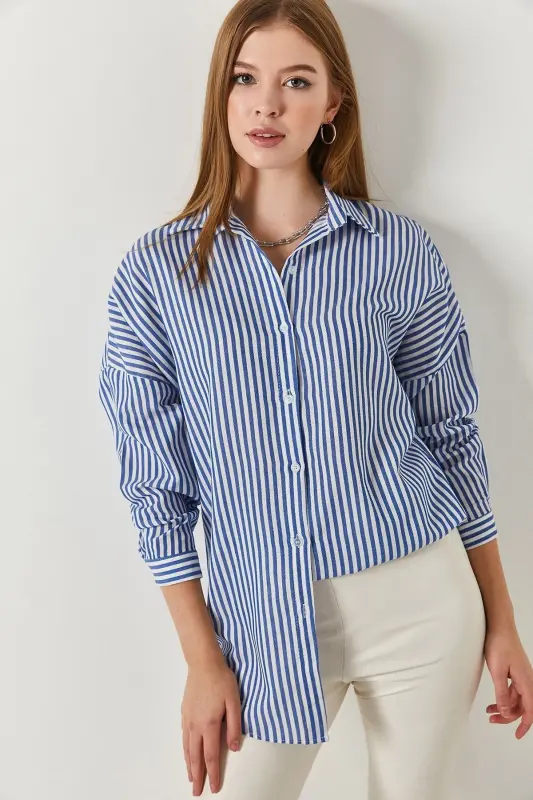 Kadın Mavi İnce Çizgili Oversize Uzun Basic Gömlek ARM-22Y001185-Mavi - 3