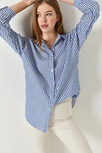 Kadın Mavi İnce Çizgili Oversize Uzun Basic Gömlek ARM-22Y001185-Mavi 