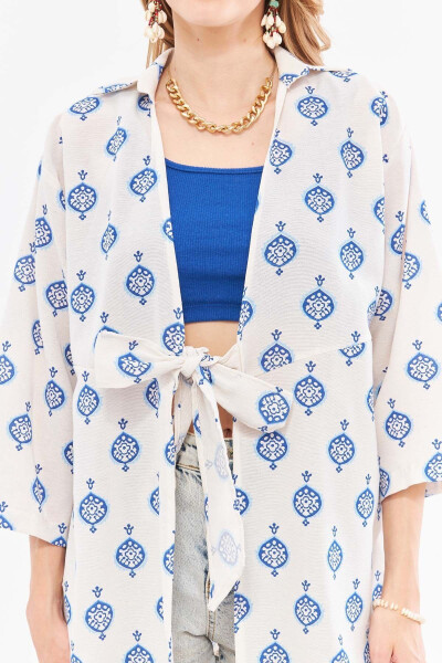 Kadın Mavi Keten Görünümlü Desenli Önden Bağlamalı Midi Boy Kimono Gömlek ARM-24Y001096-Mavi - 2