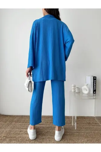 Kadın Mavi Kimono Pantolon Örme Takımı - Mavi - 9